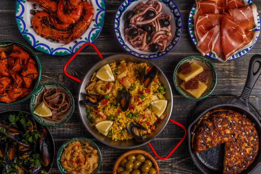 Typical spanish tapas concept, top view
