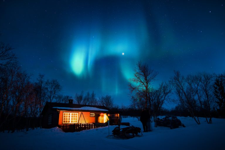 Aurora Borealis and Log Cabin