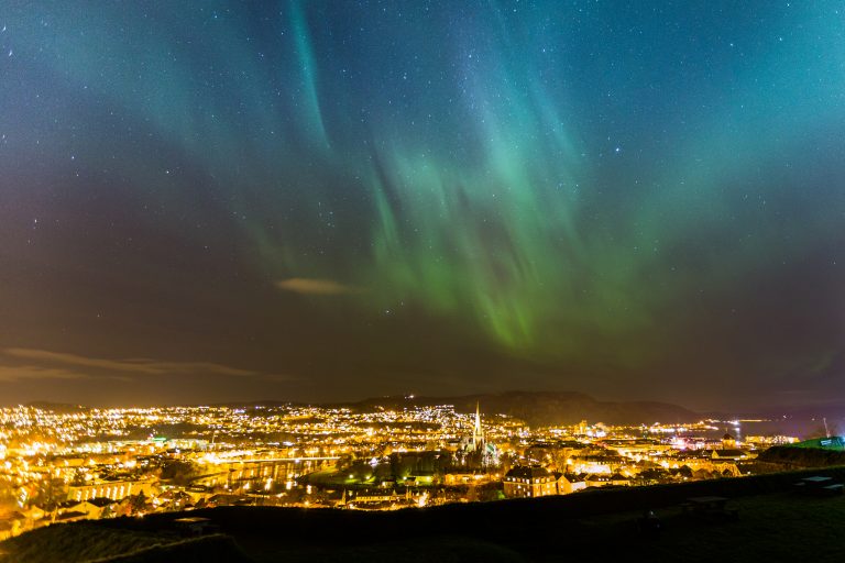 Trondheim City under Aurora Borealis